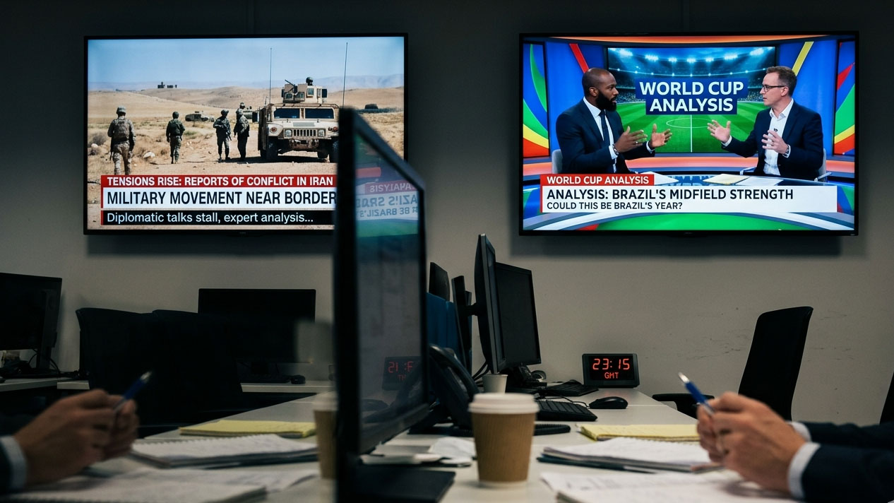 On one screen, experts were discussing whether the world was moving closer to another conflict. On the other, two grown men were arguing about whether Brazil’s midfield is strong enough to win the World Cup.